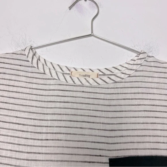 thesalting 100% Linen Striped White and Black Flap Pocket Minimalist Modern Top - Picture 2 of 13